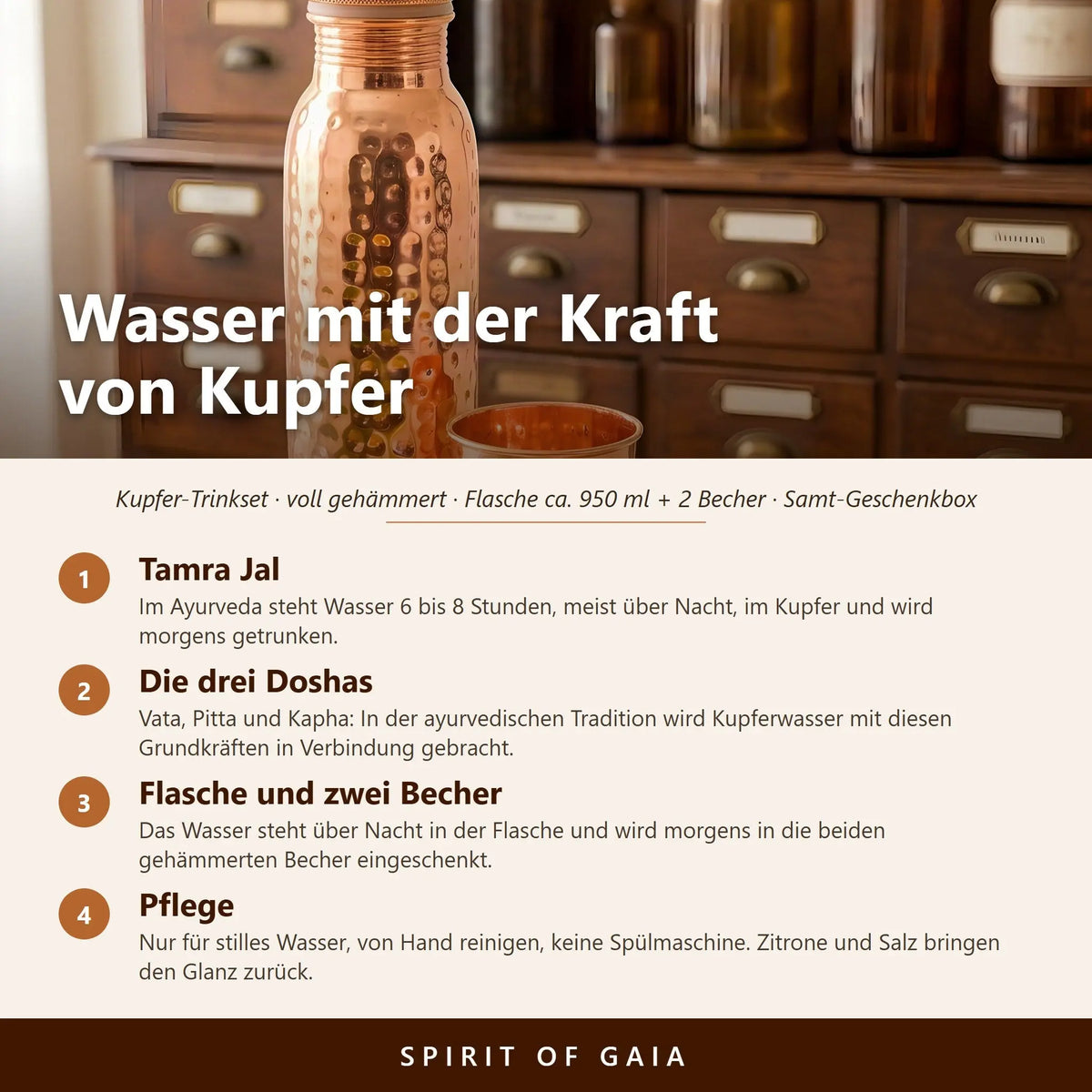 Infografik: Wasser mit der Kraft von Kupfer – Tamra-Jal-Ritual, Doshas und Pflege des gehämmerten Kupfer-Trinksets