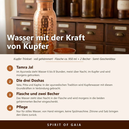 Infografik: Wasser mit der Kraft von Kupfer – Tamra-Jal-Ritual, Doshas und Pflege des gehämmerten Kupfer-Trinksets