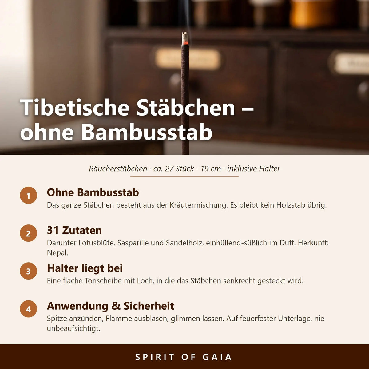 Infografik zu den tibetischen Räucherstäbchen Dolma Incense von Berk: ohne Bambusstab, Himalaya-Kräuter, beiliegender Halter, Anwendung und Sicherheit