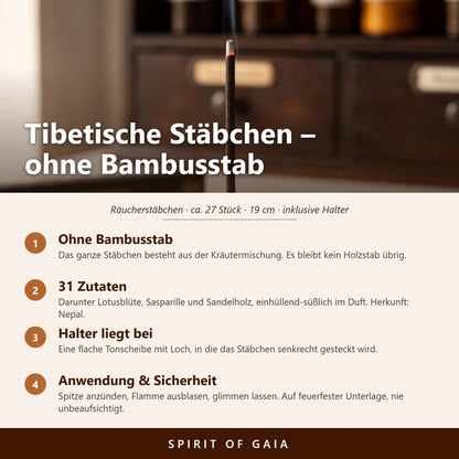 Infografik zu den tibetischen Räucherstäbchen Dolma Incense von Berk: ohne Bambusstab, Himalaya-Kräuter, beiliegender Halter, Anwendung und Sicherheit