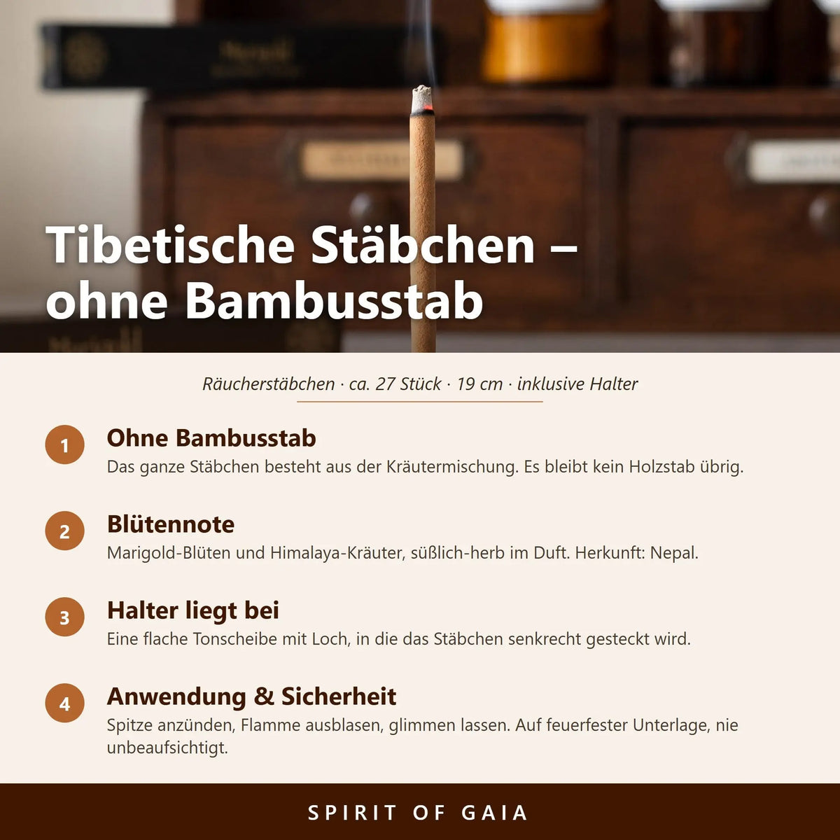 Infografik zu den tibetischen Räucherstäbchen Marigold von Berk: ohne Bambusstab, Himalaya-Kräuter, beiliegender Halter, Anwendung und Sicherheit