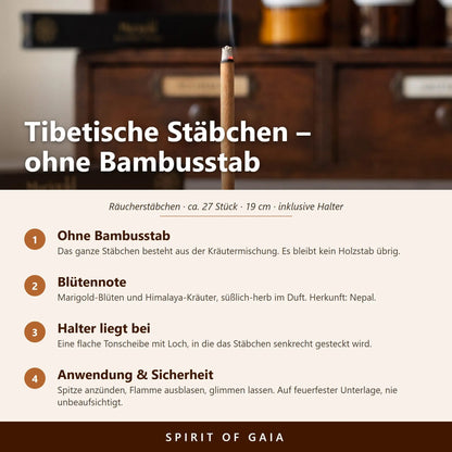 Infografik zu den tibetischen Räucherstäbchen Marigold von Berk: ohne Bambusstab, Himalaya-Kräuter, beiliegender Halter, Anwendung und Sicherheit