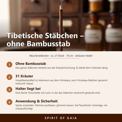 Infografik zu den tibetischen Räucherstäbchen Na Swa Dhoop von Berk: ohne Bambusstab, Himalaya-Kräuter, beiliegender Halter, Anwendung und Sicherheit