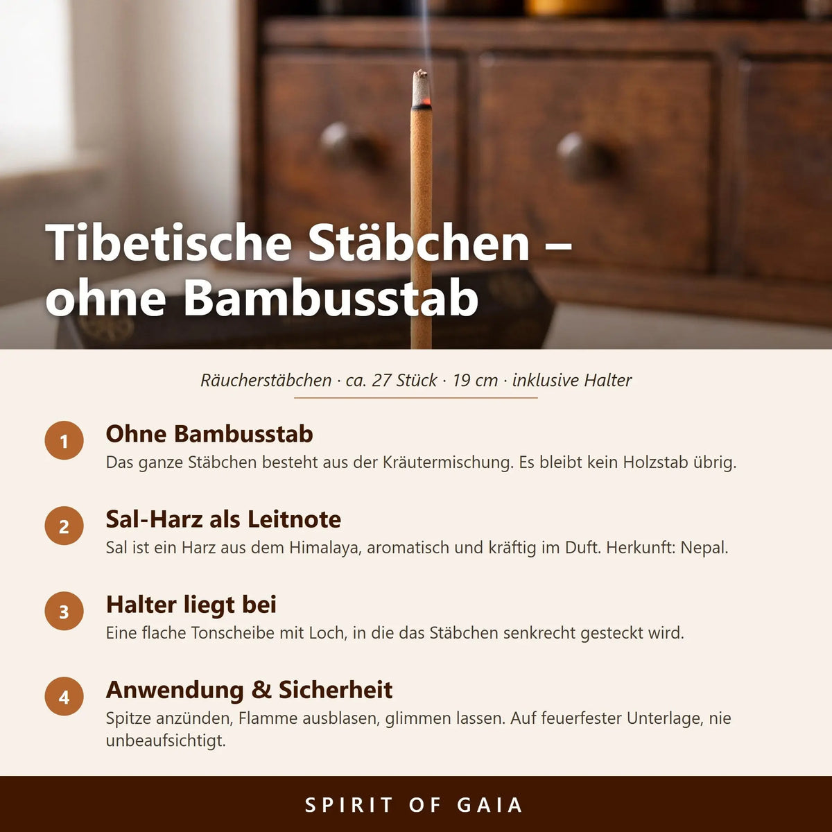 Infografik zu den tibetischen Räucherstäbchen Sal Dhoop von Berk: ohne Bambusstab, Himalaya-Kräuter, beiliegender Halter, Anwendung und Sicherheit