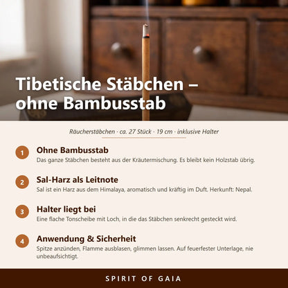 Infografik zu den tibetischen Räucherstäbchen Sal Dhoop von Berk: ohne Bambusstab, Himalaya-Kräuter, beiliegender Halter, Anwendung und Sicherheit