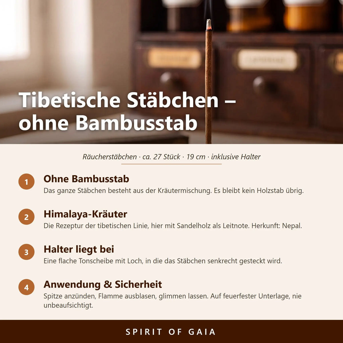 Infografik zu den tibetischen Räucherstäbchen Sandelholz von Berk: ohne Bambusstab, Himalaya-Kräuter, beiliegender Halter, Anwendung und Sicherheit