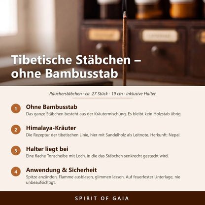 Infografik zu den tibetischen Räucherstäbchen Sandelholz von Berk: ohne Bambusstab, Himalaya-Kräuter, beiliegender Halter, Anwendung und Sicherheit