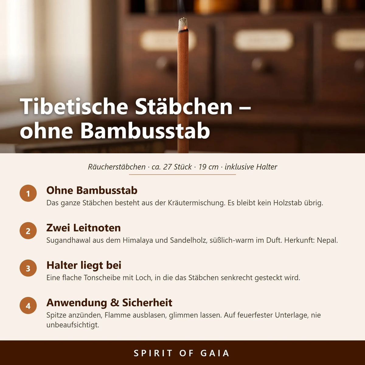 Infografik zu den tibetischen Räucherstäbchen Sugandhawal und Sandelholz von Berk: ohne Bambusstab, Himalaya-Kräuter, beiliegender Halter, Anwendung und Sicherheit