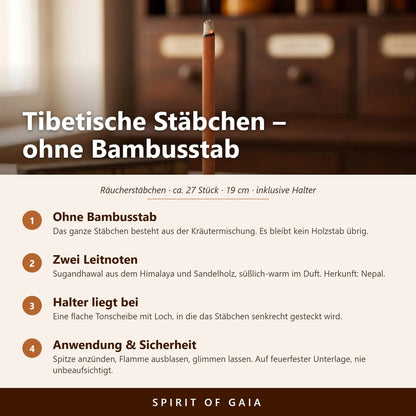 Infografik zu den tibetischen Räucherstäbchen Sugandhawal und Sandelholz von Berk: ohne Bambusstab, Himalaya-Kräuter, beiliegender Halter, Anwendung und Sicherheit