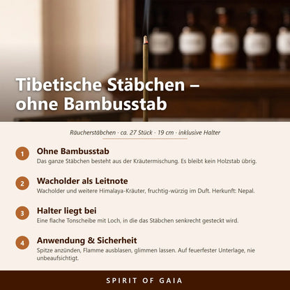 Infografik zu den tibetischen Räucherstäbchen Wacholder von Berk: ohne Bambusstab, Himalaya-Kräuter, beiliegender Halter, Anwendung und Sicherheit
