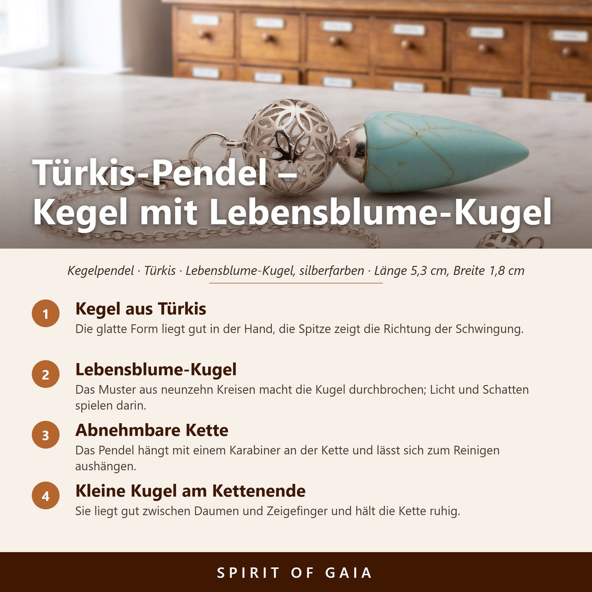 Übersicht zum Türkis-Pendel: Kegel aus Türkis, Lebensblume-Kugel, Abnehmbare Kette, Kleine Kugel am Kettenende