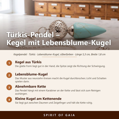 Übersicht zum Türkis-Pendel: Kegel aus Türkis, Lebensblume-Kugel, Abnehmbare Kette, Kleine Kugel am Kettenende