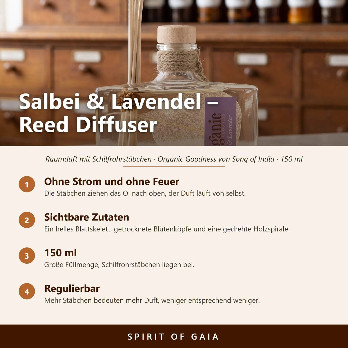 Übersicht zum Reed Diffuser Salbei und Lavendel: Duft ohne Strom, sichtbare Zutaten, 150 ml und regulierbare Stärke