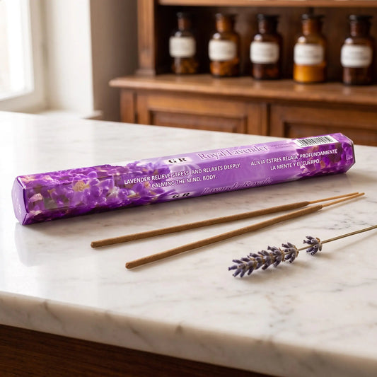 GR Royal Lavender Räucherstäbchen: Sechseck-Packung auf einer Marmortheke vor einem Apothekerschrank, daneben zwei lose Räucherstäbchen – Spirit of Gaia