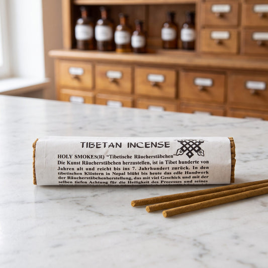 Tibetische Räucherstäbchen hell und kurz von Holy Smokes: Papierrolle mit Aufdruck Tibetan Incense auf einer Marmortheke, davor drei lose Stäbchen ohne Bambusstab