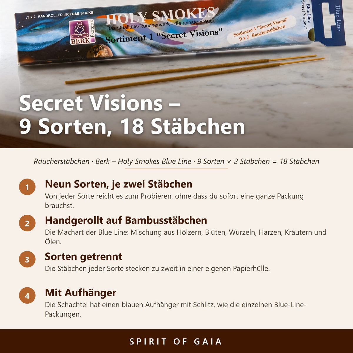 Infografik zum Blue Line Sortiment 1 Secret Visions: neun Sorten mit je zwei Stäbchen, handgerollt, Sorten getrennt, mit Aufhänger