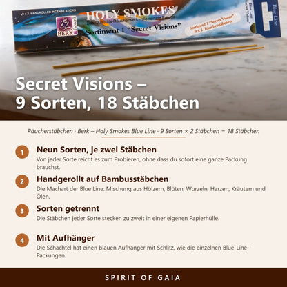 Infografik zum Blue Line Sortiment 1 Secret Visions: neun Sorten mit je zwei Stäbchen, handgerollt, Sorten getrennt, mit Aufhänger