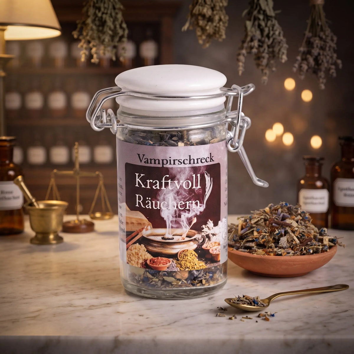 Vampirschreck, Räuchermischung der Reihe Kraftvoll Räuchern von Berk, 60 ml im Bügelglas: Glas auf der Marmortheke einer alten Apotheke am Abend, daneben eine Terracottaschale mit der losen Mischung und ein Messinglöffel – Spirit of Gaia