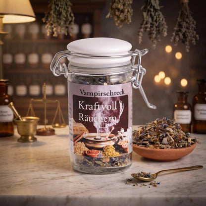 Vampirschreck, Räuchermischung der Reihe Kraftvoll Räuchern von Berk, 60 ml im Bügelglas: Glas auf der Marmortheke einer alten Apotheke am Abend, daneben eine Terracottaschale mit der losen Mischung und ein Messinglöffel – Spirit of Gaia