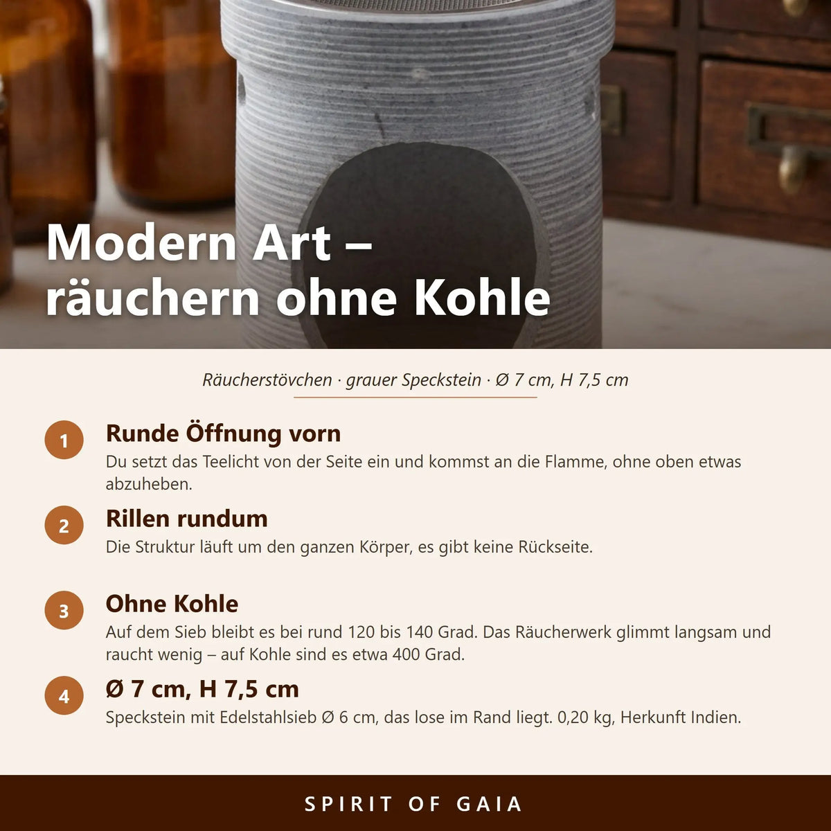 Infografik zum Räucherstövchen Modern Art mit vier Punkten zu Öffnung, Rillen, Temperatur und Maßen