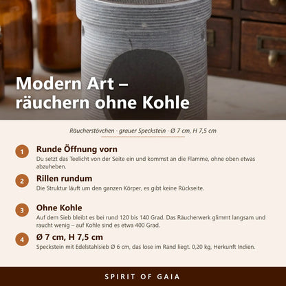 Infografik zum Räucherstövchen Modern Art mit vier Punkten zu Öffnung, Rillen, Temperatur und Maßen