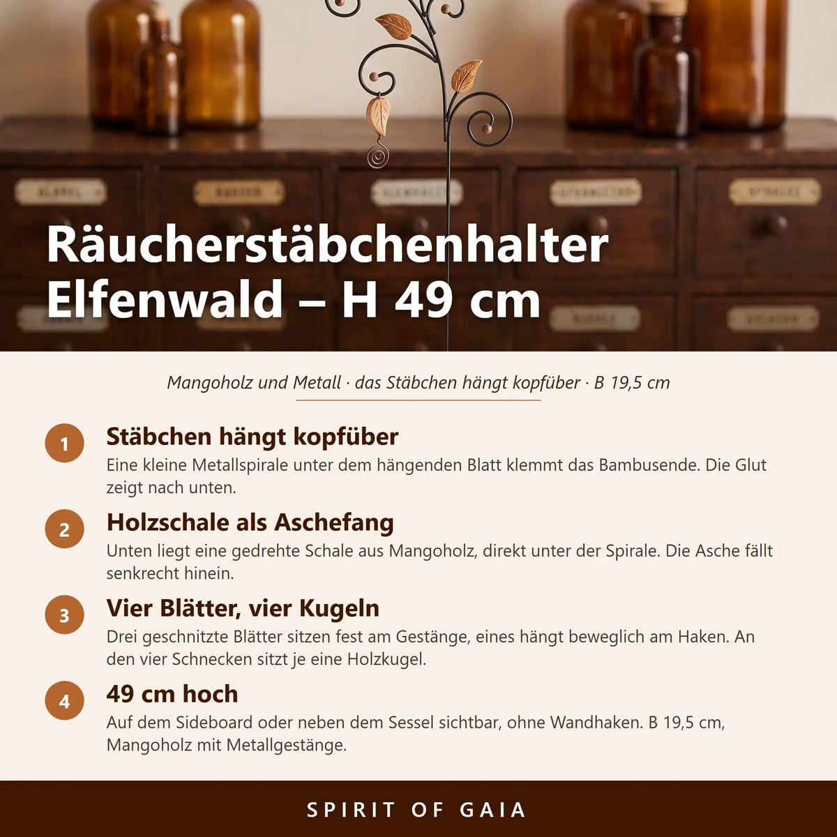 Hängender Räucherstäbchenhalter Elfenwald aus Mangoholz mit Metallgestänge und Holzschale – Infografik mit den wichtigsten Angaben