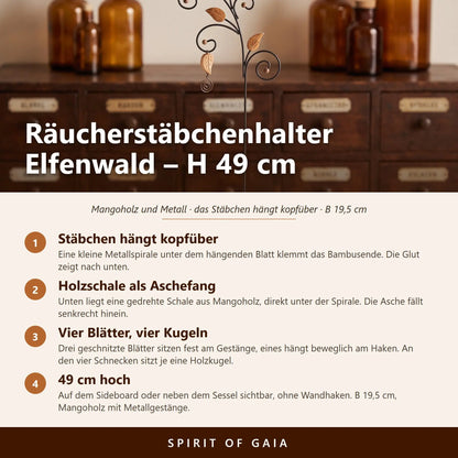 Hängender Räucherstäbchenhalter Elfenwald aus Mangoholz mit Metallgestänge und Holzschale – Infografik mit den wichtigsten Angaben