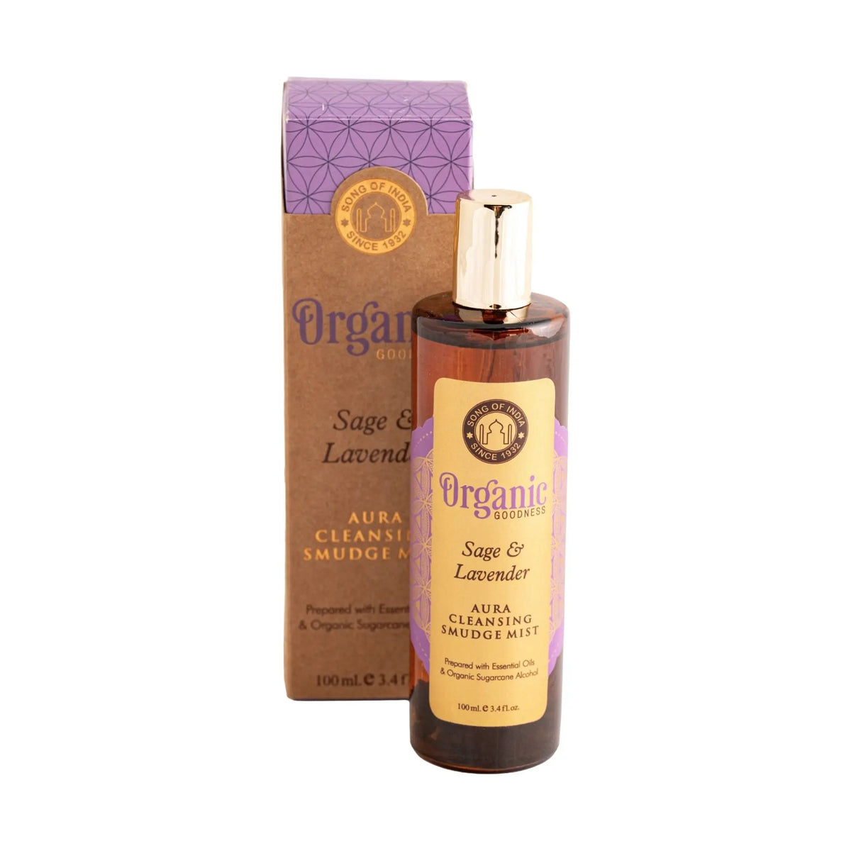 Aura Reinigungsspray Salbei und Lavendel, 100 ml, Flasche und Schachtel freigestellt auf weißem Grund