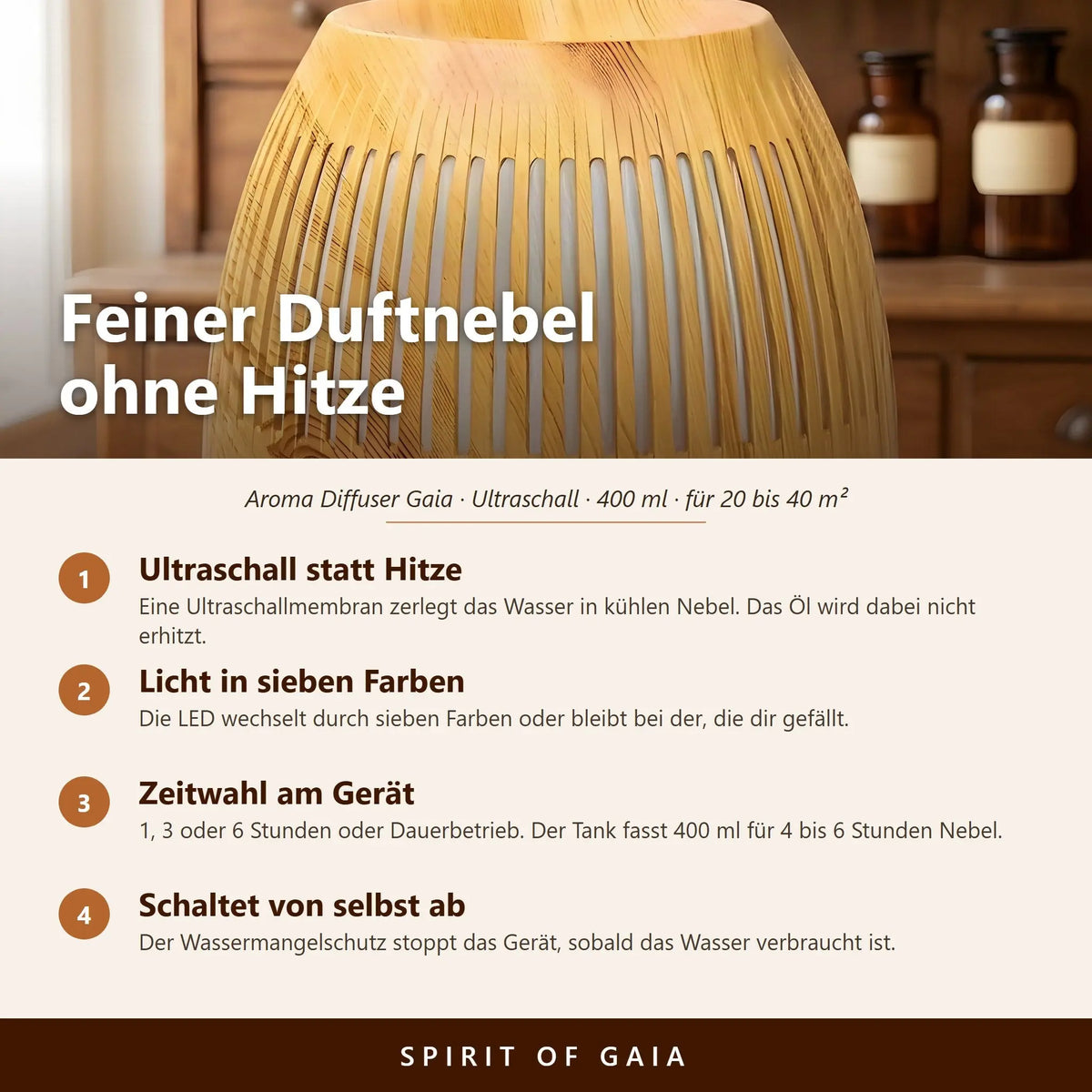 Infografik: Feiner Duftnebel ohne Hitze – Ultraschall, 7-Farben-LED, Zeitwahl am Gerät, Abschaltung bei leerem Tank