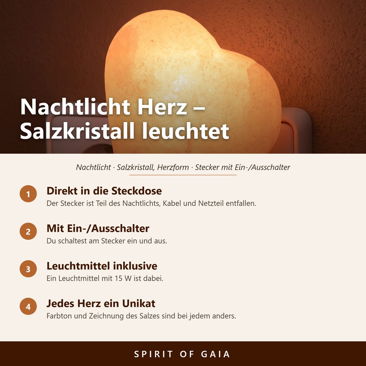 Übersicht zu Salzkristall-Nachtlicht Herz: Direkt in die Steckdose, Mit Ein-/Ausschalter, Leuchtmittel inklusive, Jedes Herz ein Unikat