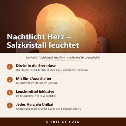 Übersicht zu Salzkristall-Nachtlicht Herz: Direkt in die Steckdose, Mit Ein-/Ausschalter, Leuchtmittel inklusive, Jedes Herz ein Unikat