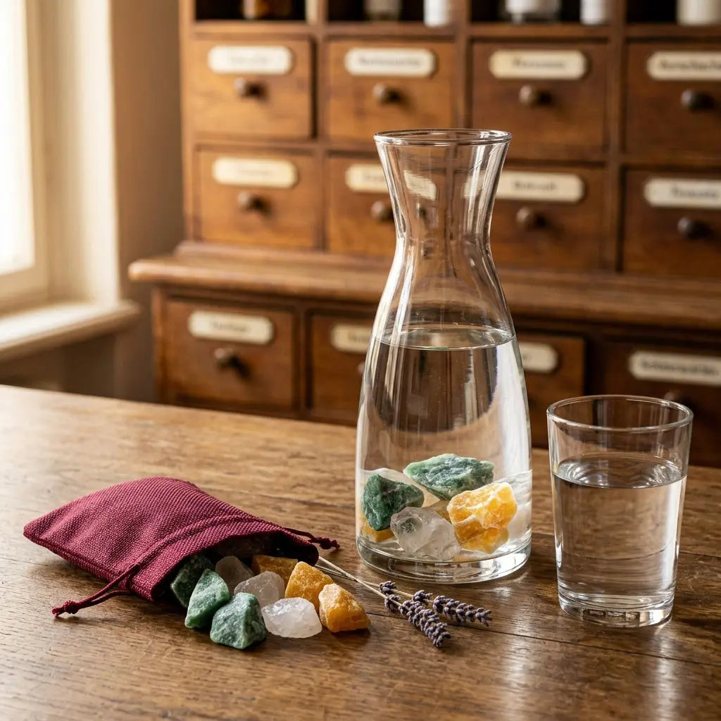 Wassersteine Kraft und Mut im Jutesäckchen mit Glaskaraffe (Steine im Wasser) und Wasserglas – Aventurin, Orangencalcit und Bergkristall – Spirit of Gaia