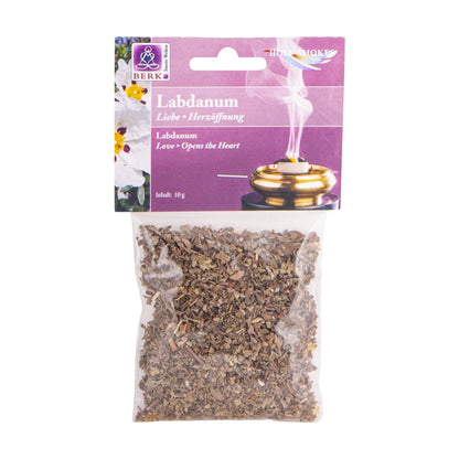 Labdanum-Blätter (Cistus), sortenreines Räucherwerk von Berk, 10 g: Tüte mit rosa-violettem Kartonkopf, freigestellt auf Weiß