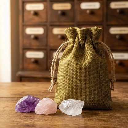 Jutesäckchen der Wassersteine Grundmischung mit Jutestruktur und Rohsteinen Amethyst, Rosenquarz und Bergkristall – Spirit of Gaia