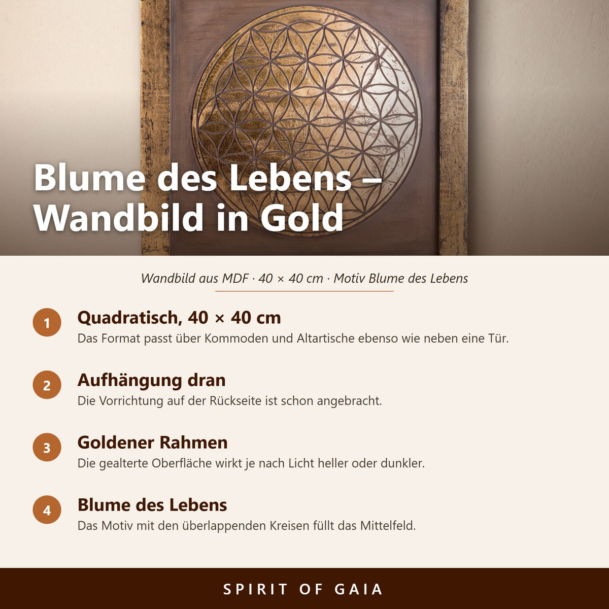 Übersicht zum Wandbild Blume des Lebens: 40 × 40 cm, MDF, goldener Rahmen, Aufhängung auf der Rückseite