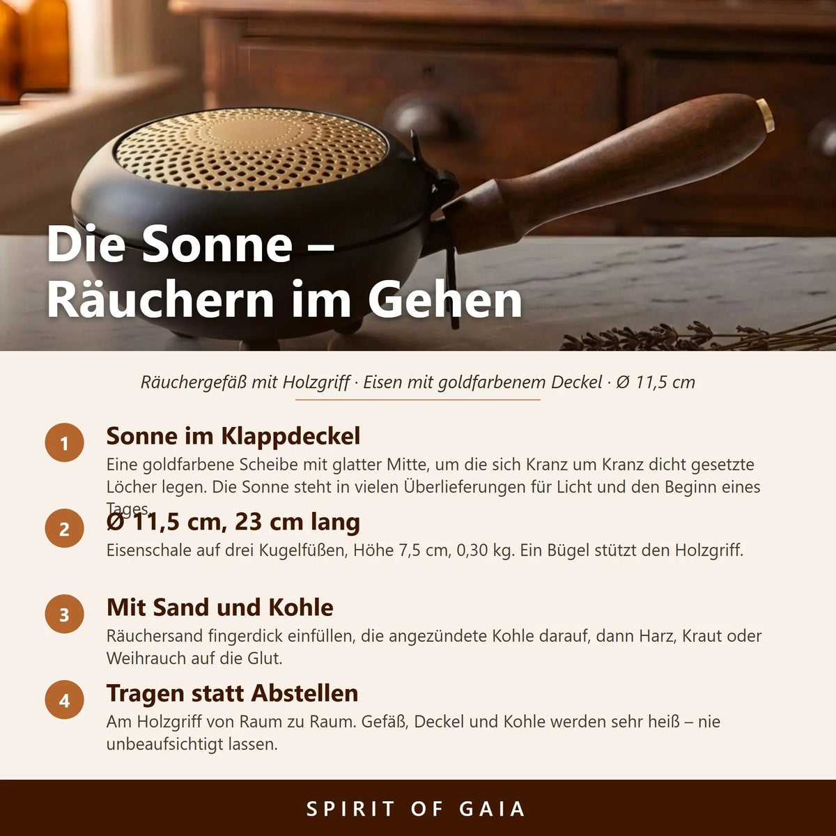 Infografik zum Sonnenmotiv, den Maßen, der Anwendung mit Räuchersand und Kohle und zum Tragen am Holzgriff