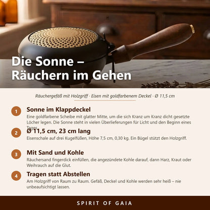 Infografik zum Sonnenmotiv, den Maßen, der Anwendung mit Räuchersand und Kohle und zum Tragen am Holzgriff