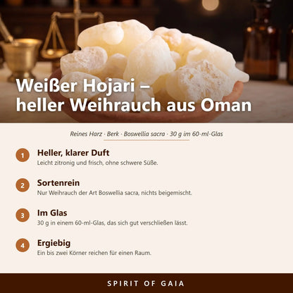 Übersicht zu Weißer Hojari Oman: Heller, klarer Duft, Sortenrein, Im Glas, Ergiebig