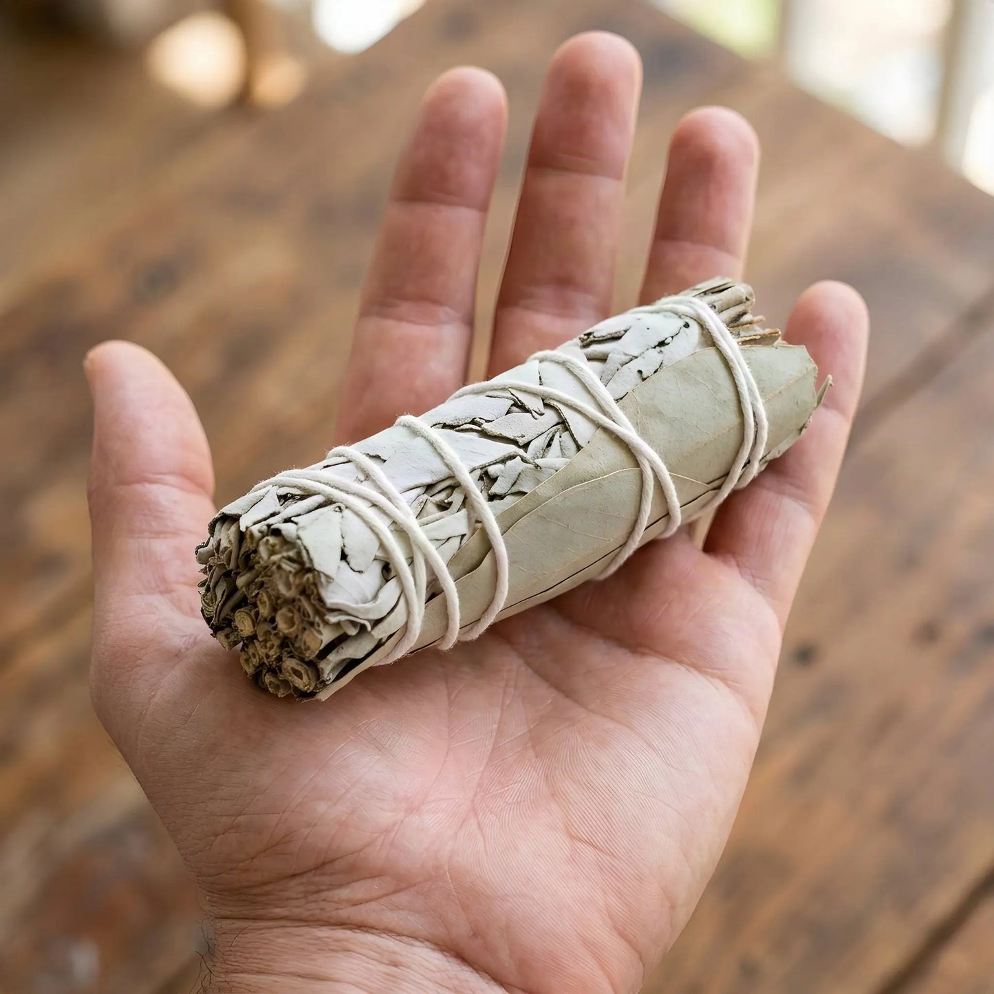 Salbeibündel mit Eukalyptus auf einer offenen Handfläche als Größenvergleich