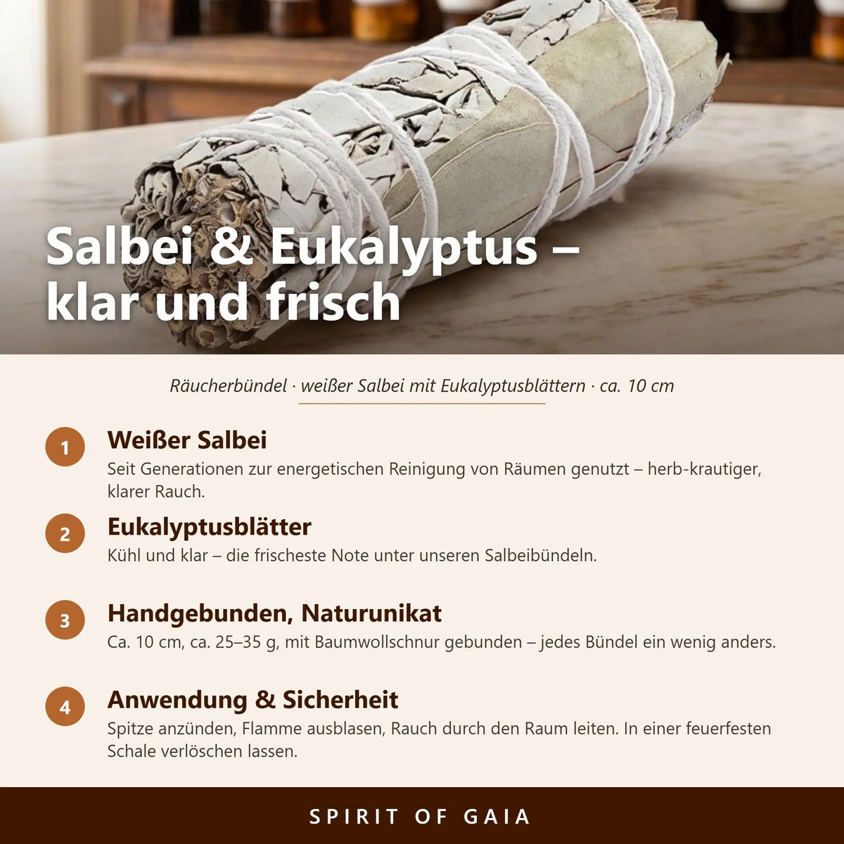 Infografik: Salbei und Eukalyptus – weißer Salbei, Eukalyptusblätter, handgebunden, Anwendung und Sicherheit