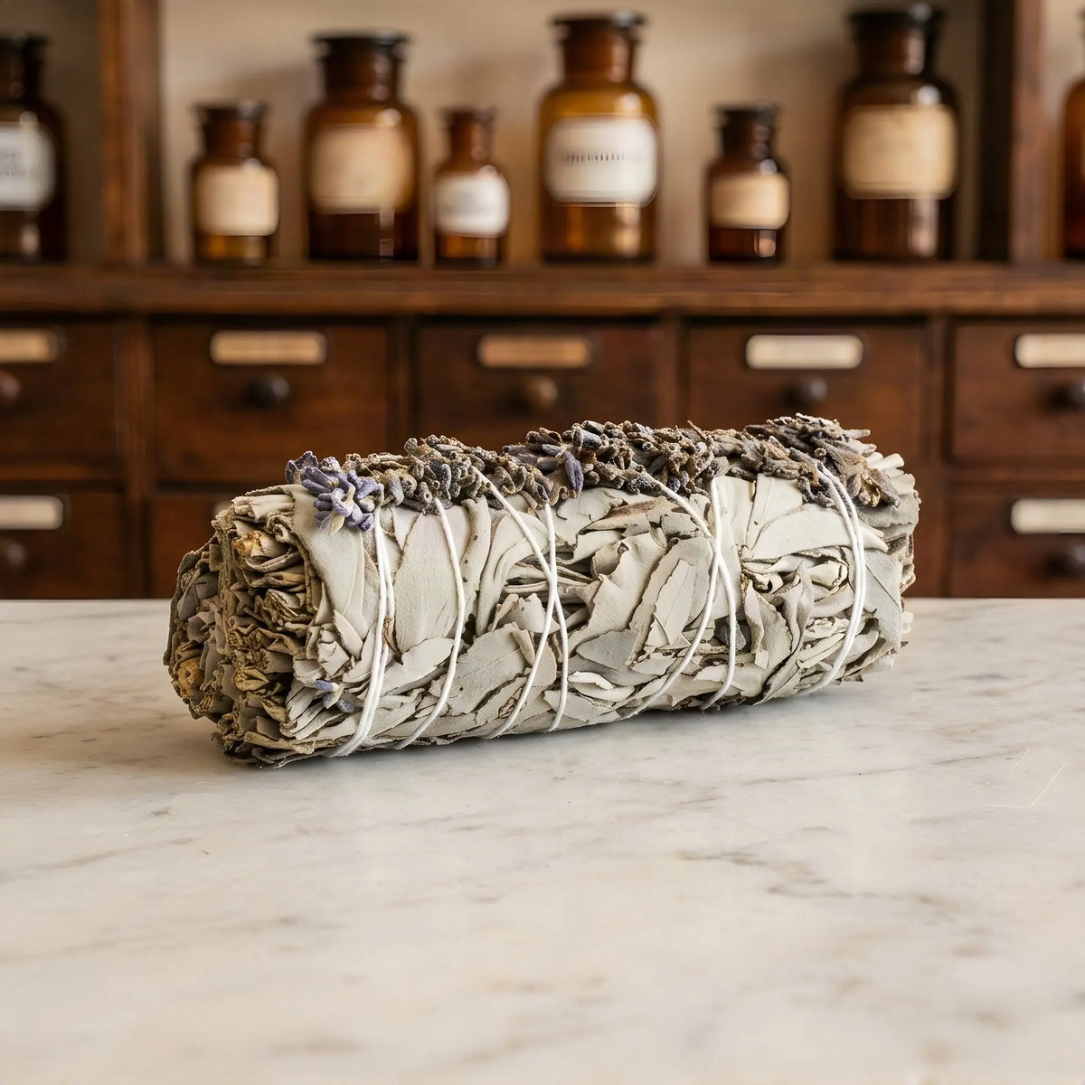 Weißes Salbeibündel mit Lavendelblüten auf Marmorablage vor einem Apothekerschrank – Spirit of Gaia