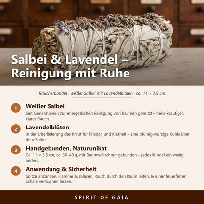 Infografik: Salbei und Lavendel – weißer Salbei, Lavendelblüten, handgebunden, Anwendung und Sicherheit