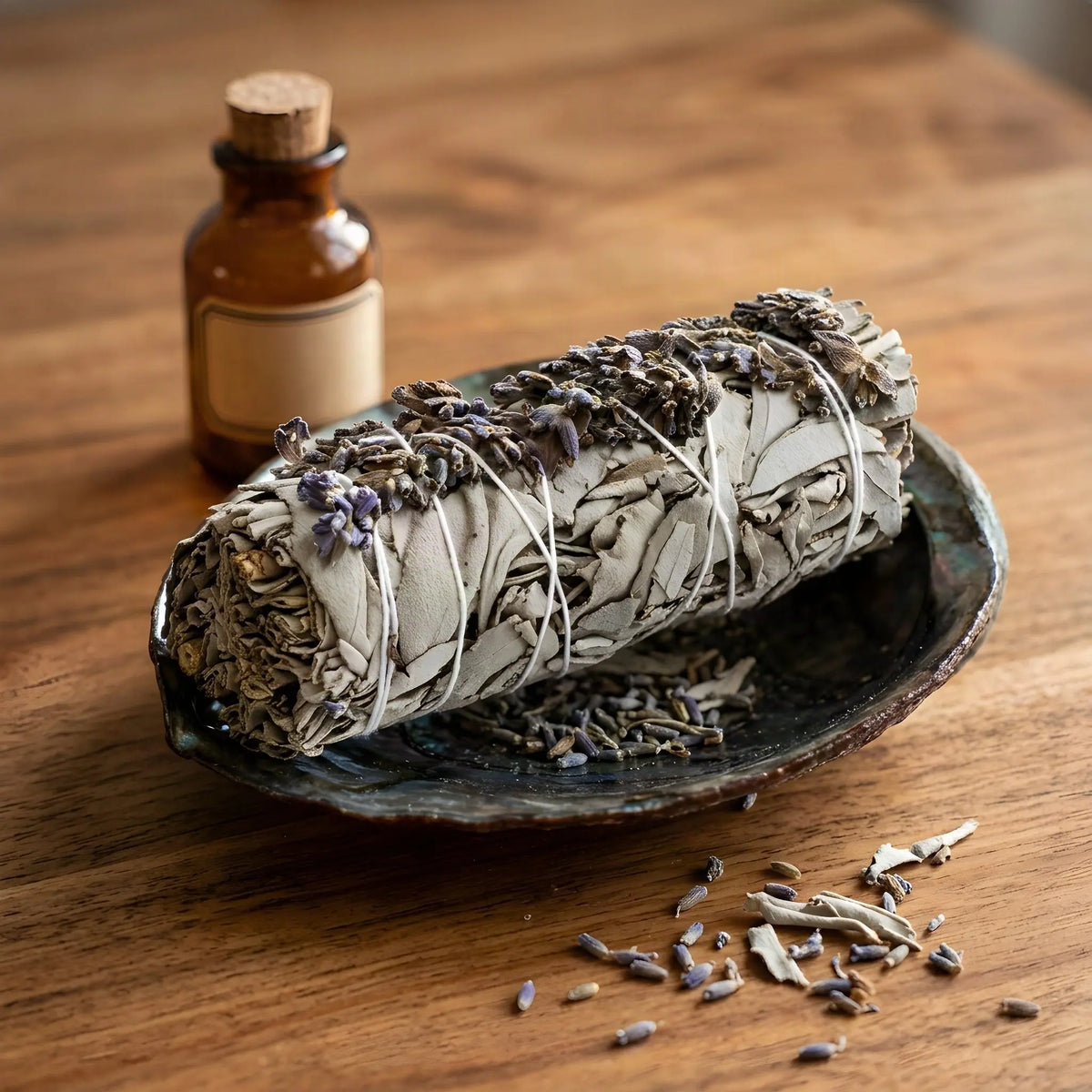 Salbeibündel mit Lavendel in einer Abalone-Schale auf einem Holztisch