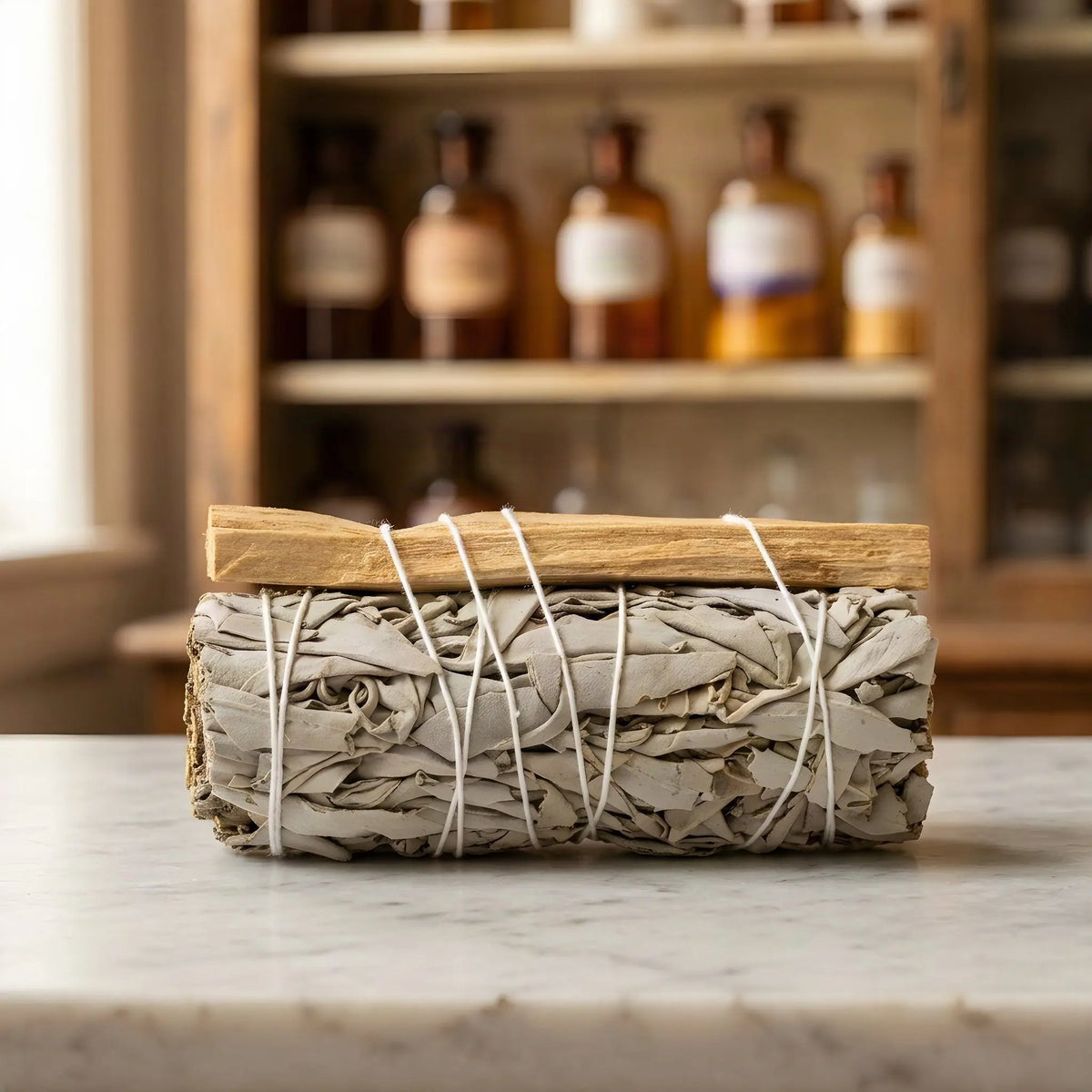 Weißes Salbeibündel mit Palo-Santo-Holz auf Marmorablage vor einem Apothekerschrank – Spirit of Gaia