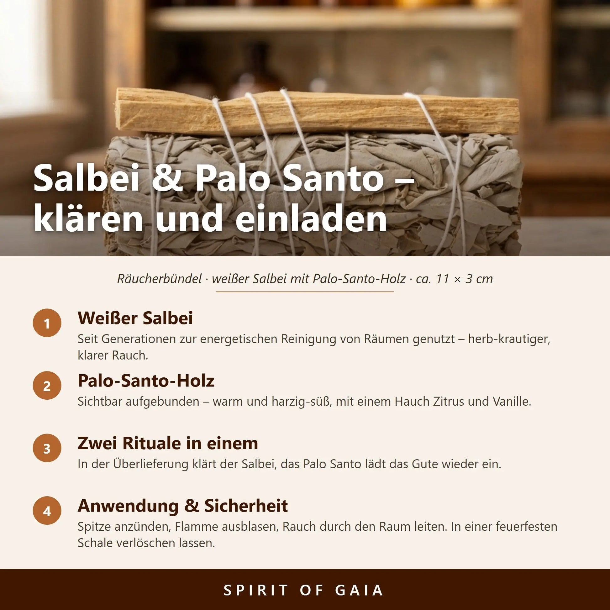 Infografik: Salbei und Palo Santo – klären und einladen, handgebunden, Anwendung und Sicherheit
