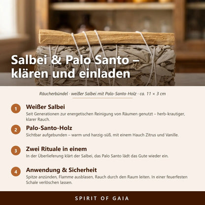 Infografik: Salbei und Palo Santo – klären und einladen, handgebunden, Anwendung und Sicherheit