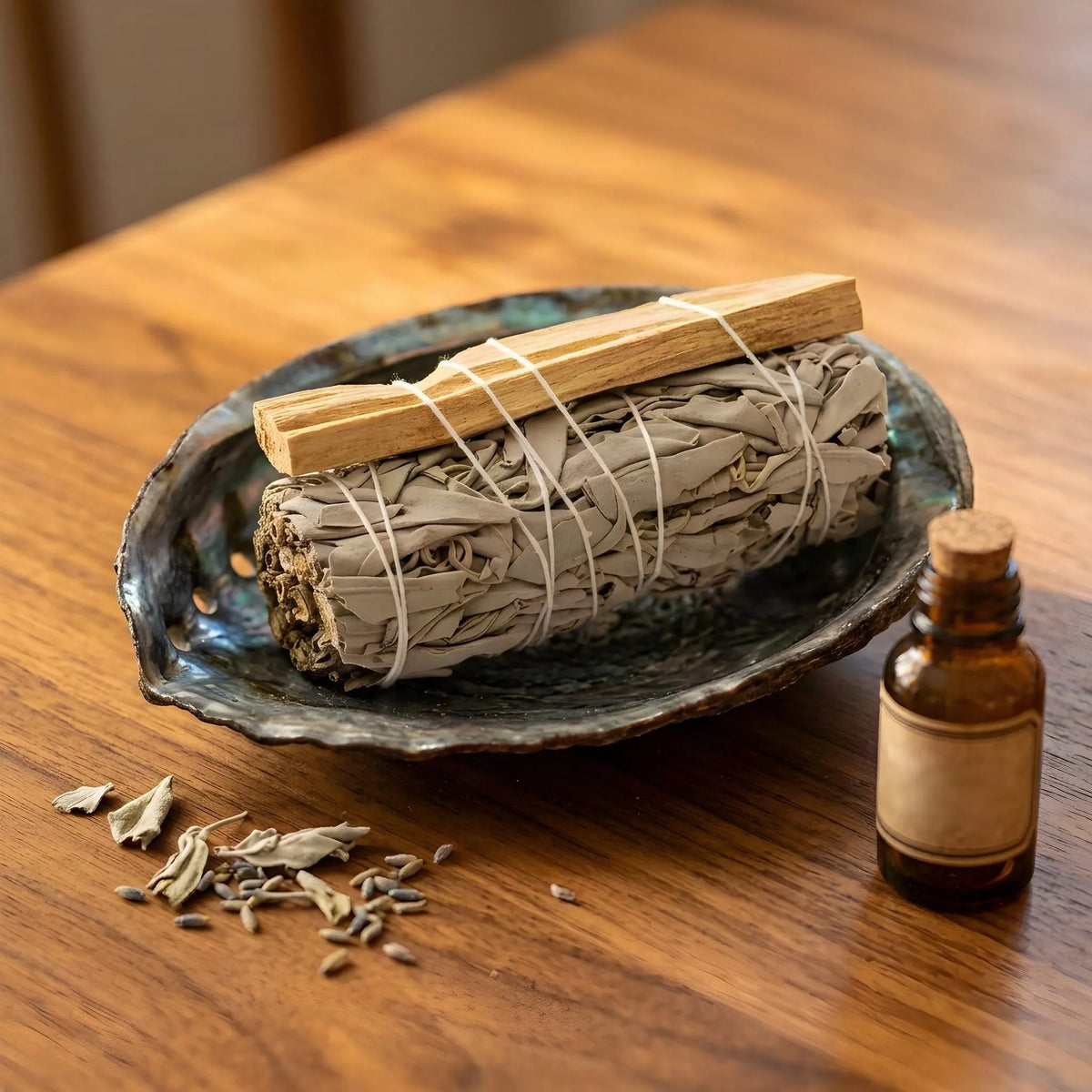 Salbeibündel mit Palo Santo in einer Abalone-Schale auf einem Holztisch