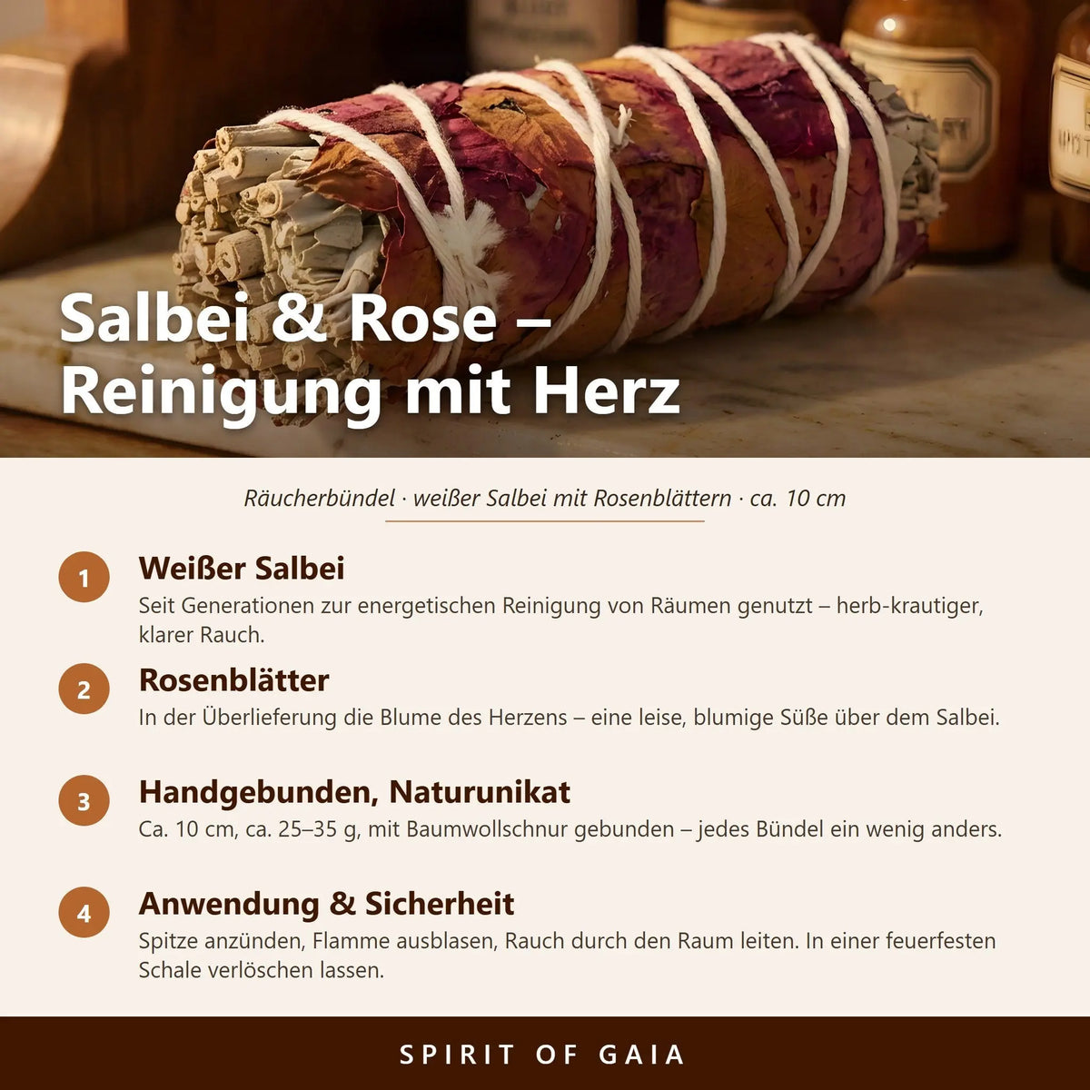Infografik: Salbei und Rose – Reinigung mit Herz; weißer Salbei, Rosenblätter, handgebunden ca. 10 cm, Anwendung und Sicherheit – Spirit of Gaia