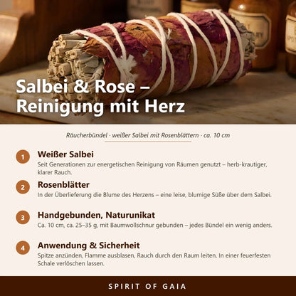 Infografik: Salbei und Rose – Reinigung mit Herz; weißer Salbei, Rosenblätter, handgebunden ca. 10 cm, Anwendung und Sicherheit – Spirit of Gaia