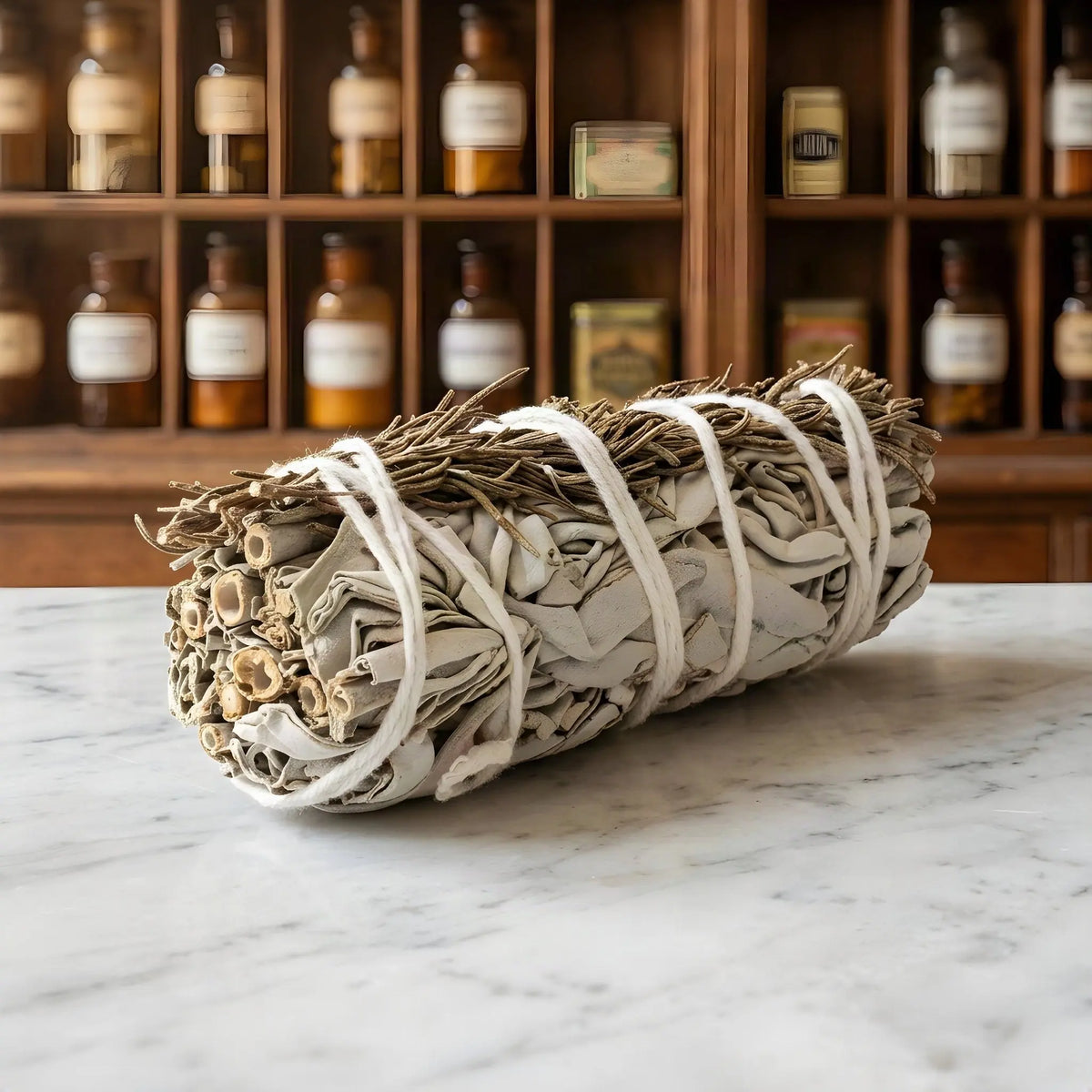 Weißes Salbeibündel mit Rosmarin auf Marmorablage vor einem Apothekerschrank – Spirit of Gaia